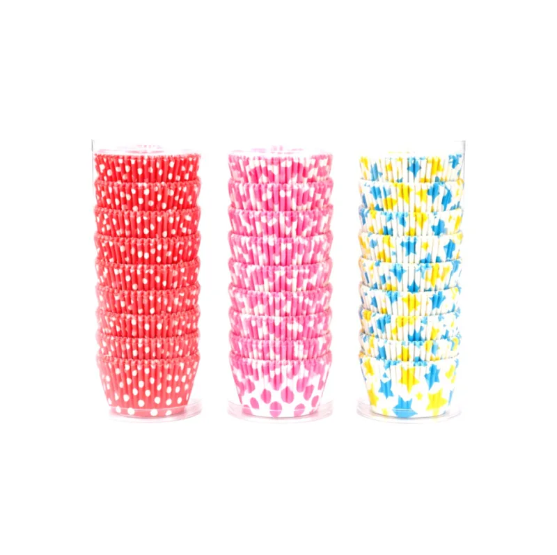 Caissettes à cupcakes assortiment imprimées — lot de 104, tubes transparents