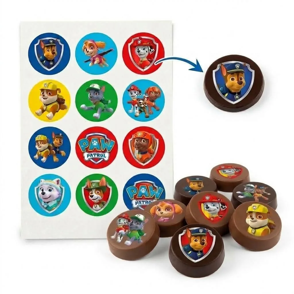 Photo, Impression Personnalisée sur Feuille Choco Transfert – Thème Pat' Patrouille Chiots Sauveurs (Pastilles & Médaillons Chocolat)