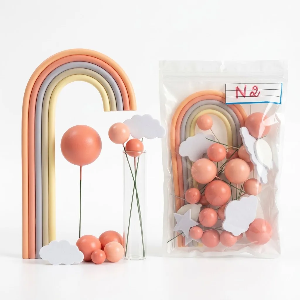 Boules décoratives et Arc-en-Ciel Bohème Pastel pour Gâteaux – Kit Cake Topper Pêche, Nuages & Étoiles sur Tiges