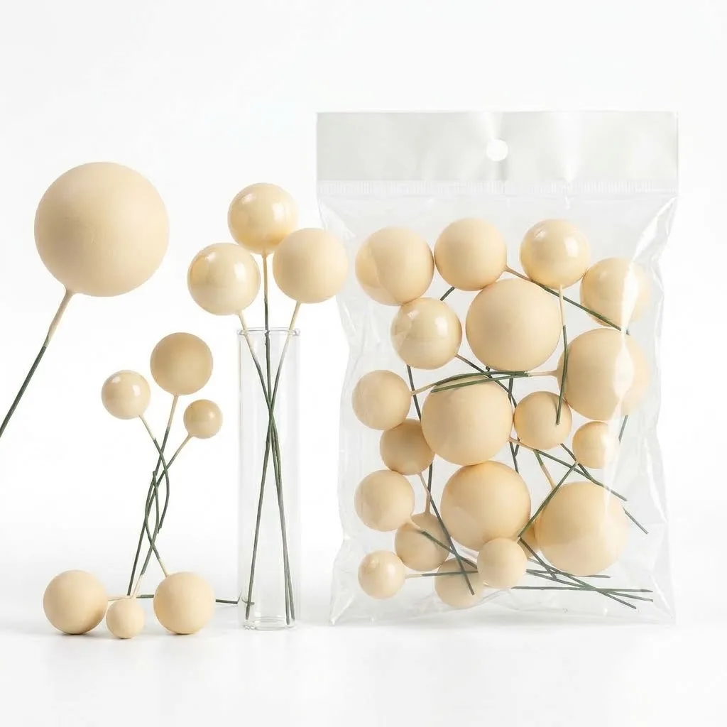 Boules Décoratives pour Gâteaux Beige Nude / Crème – Kit Cake Topper Multitailles sur Tiges