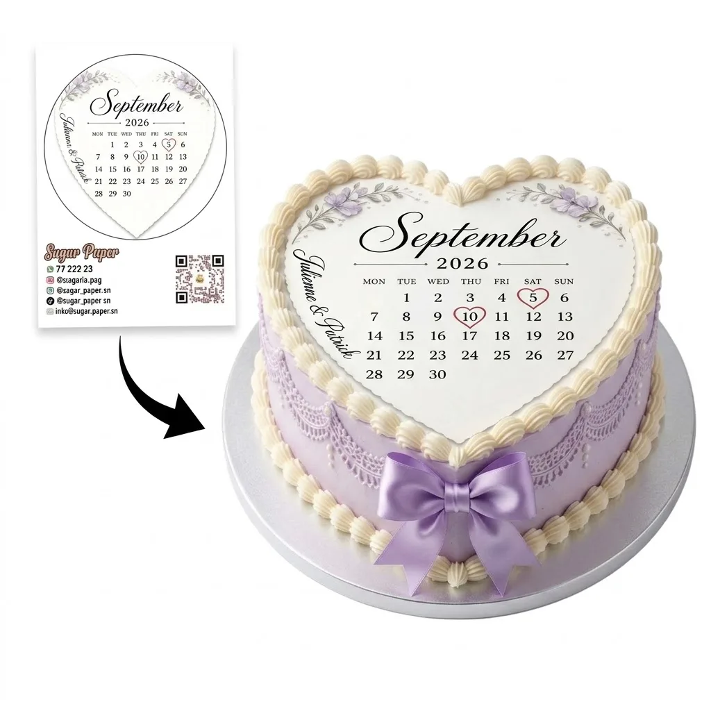 Photo Impression Comestible Personnalisée Calendrier en Cœur avec Photo et Texte (A4 et A3)