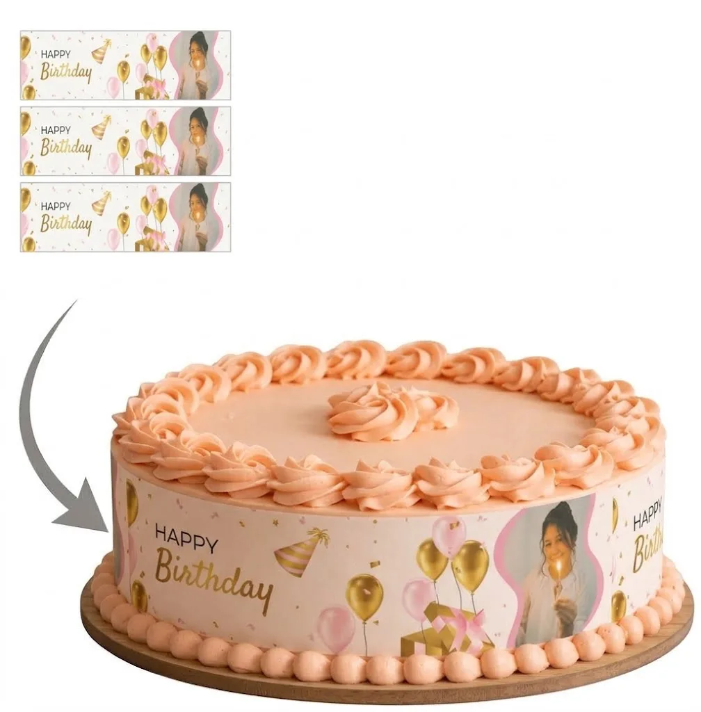Impression Photo Comestible Personnalisée – Bandes de Contour pour Gâteau Thème Happy Birthday & Ballons Dorés