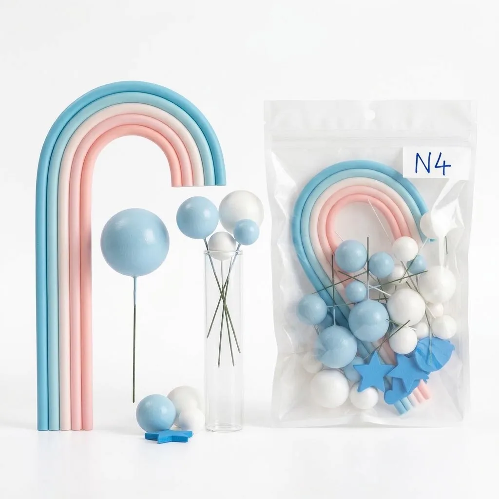 Boules décoratives et Arc-en-Ciel Pastel Bleu & Rose pour Gâteaux – Kit Cake Topper Nuance Douceur avec Étoiles sur Tiges