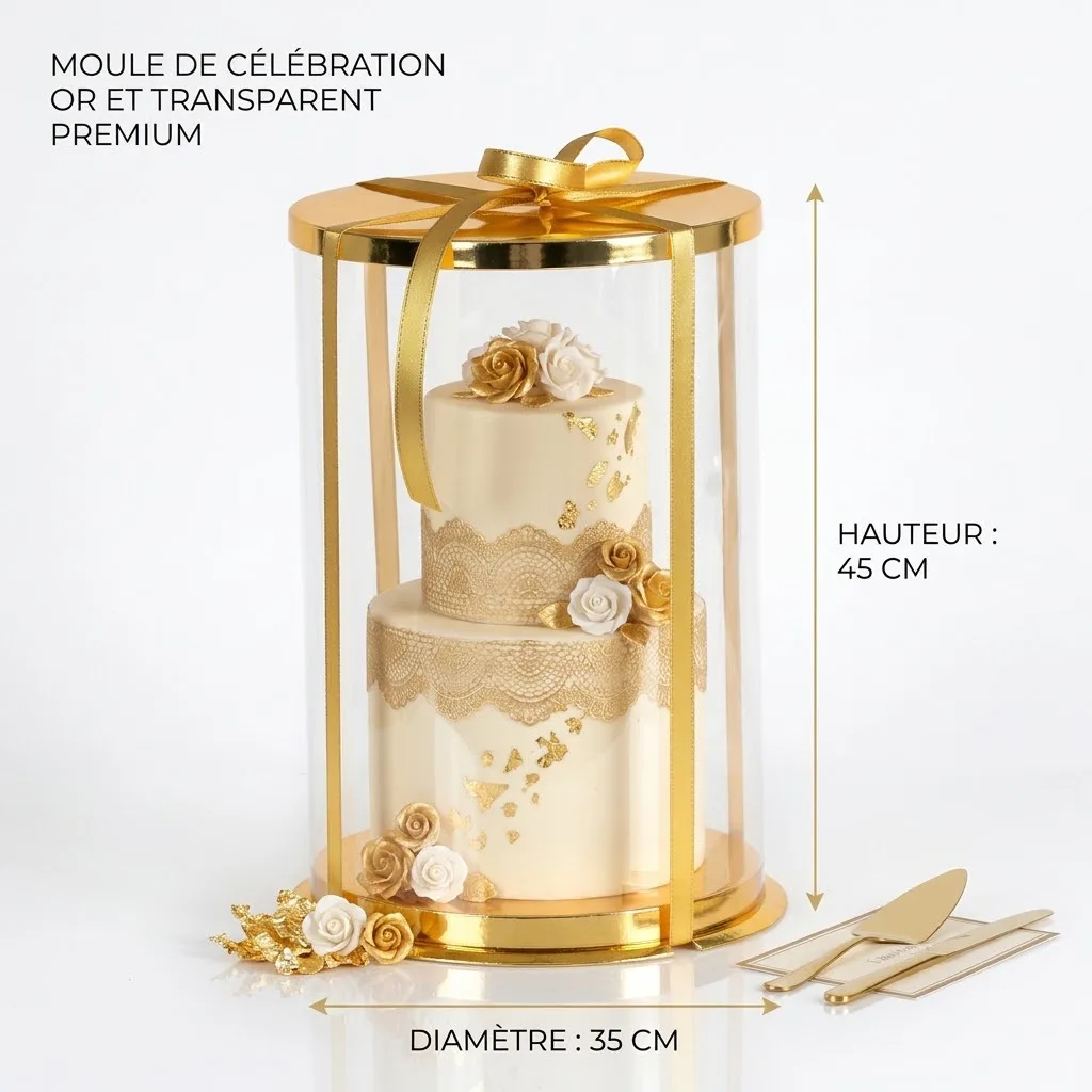 Boîte à Gâteau Haute Transparente et Or Premium – Ø 35 cm x H 45 cm