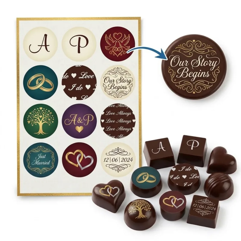 Photo, Impression Personnalisée sur Feuille Choco Transfert – Thème Mariage & Fiançailles Chic (Initiales, Date & Chocolats Personnalisés)