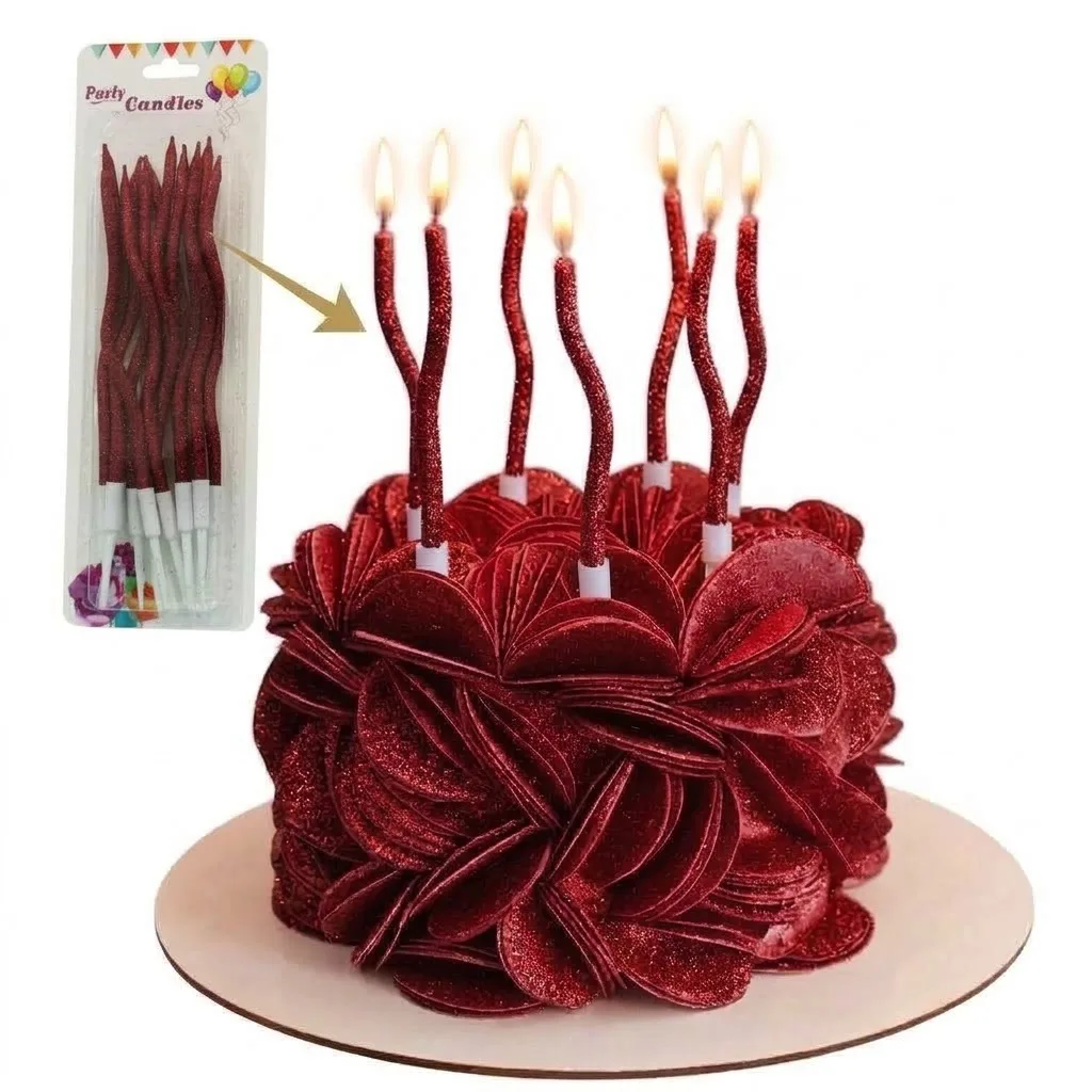Bougies rouge Pailletée d’Anniversaire Torsadées Scintillantes – Finition Élégante Décoration Cake Design