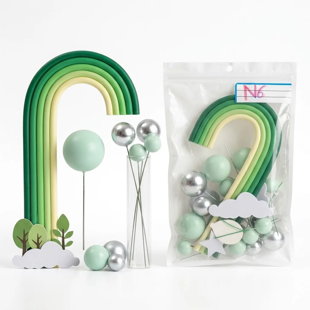 Boules décoratives et Arc-en-Ciel Vert Végétal pour Gâteaux – Kit Cake Topper Nuages & Argent sur Tiges