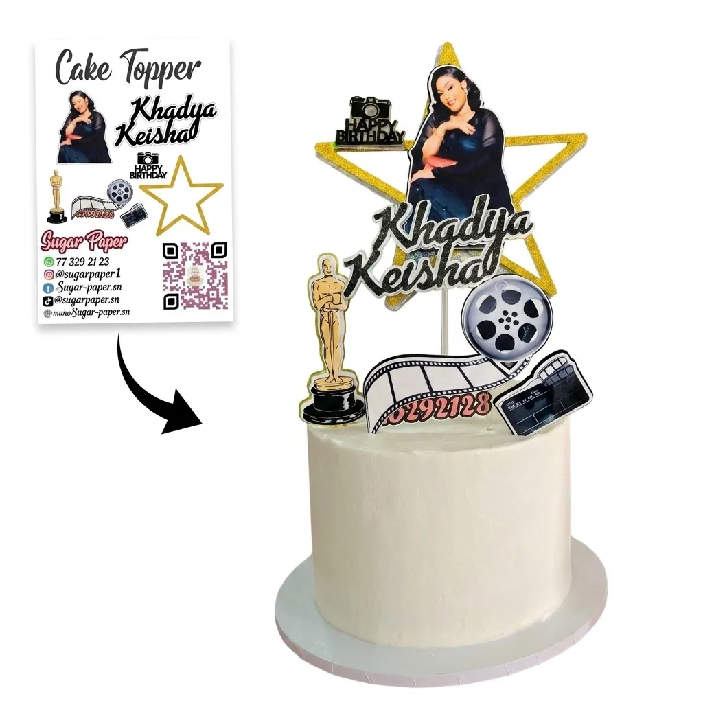 Kit Cake Topper Cinéma & Star VIP – Photo Personnalisée, Étoile Pailletée & Trophée Oscar
