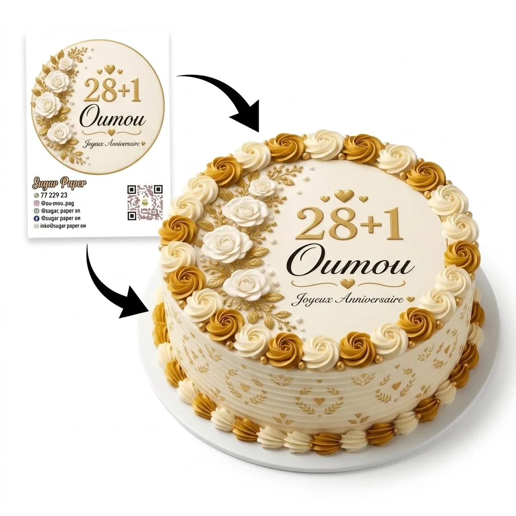 Photo Impression Comestible Personnalisée Floral Doré avec Photo et Texte (A4 et A3)