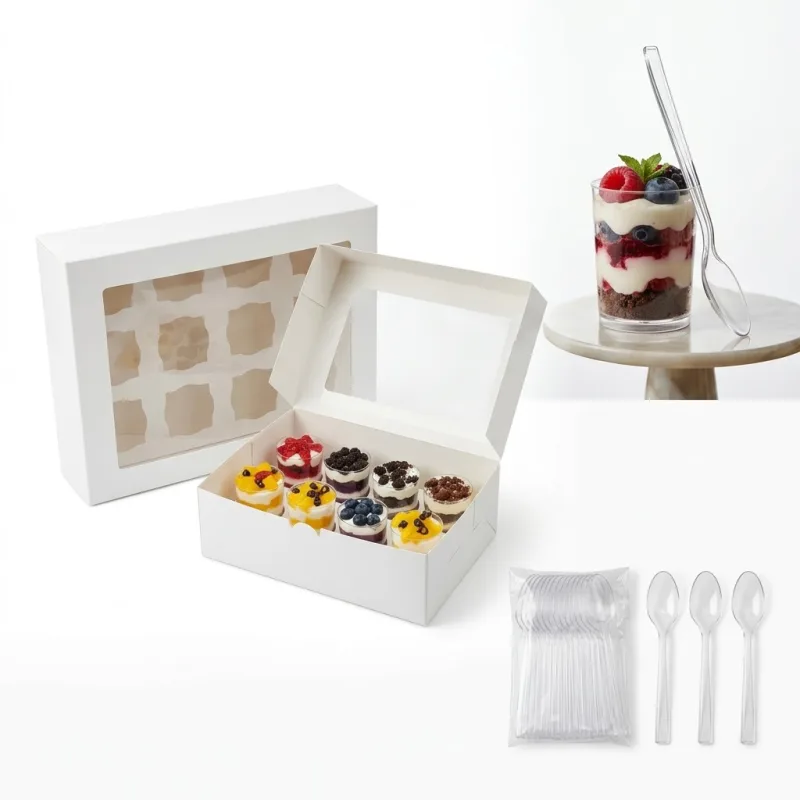 Ensemble Boîte et pot à Verrines Pâtissières avec Cuillères 12 cavités