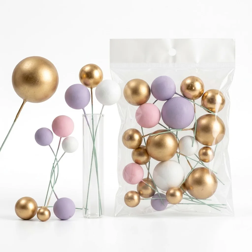 Boules Décoratives pour Gâteaux Pastel & Or – Kit Cake Topper Multitailles sur Tiges (Lilac, Rose, Blanc & Doré)