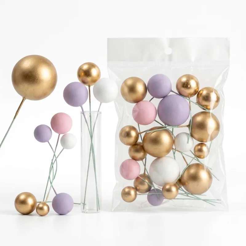 Boules Décoratives pour Gâteaux Pastel & Or – Kit Cake Topper Multitailles sur Tiges (Lilac, Rose, Blanc & Doré)