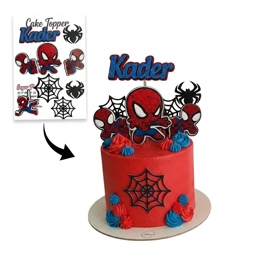 Cake Topper Spidey / Spider-Man Personnalisé – Prénom Pailleté, Mini Héros & Toiles d'Araignée