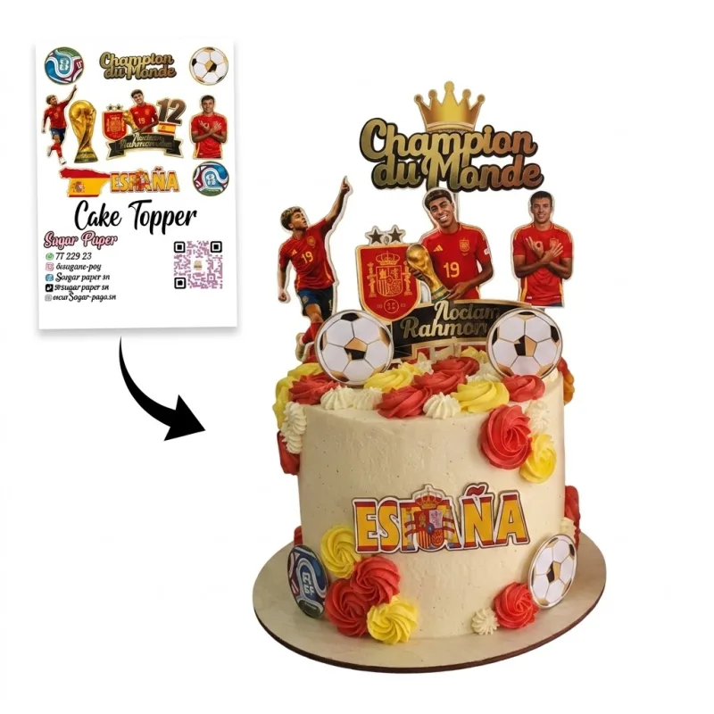 Cake Topper Équipe d'Espagne Champion du Monde – Kit Décoration Gâteau Football Personnalisé