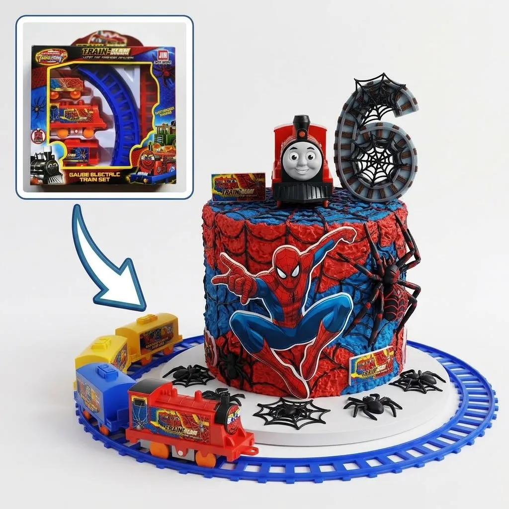Cake Train Spider-Man Classique – Animation Électrique en Mouvement sur Rails Bleus