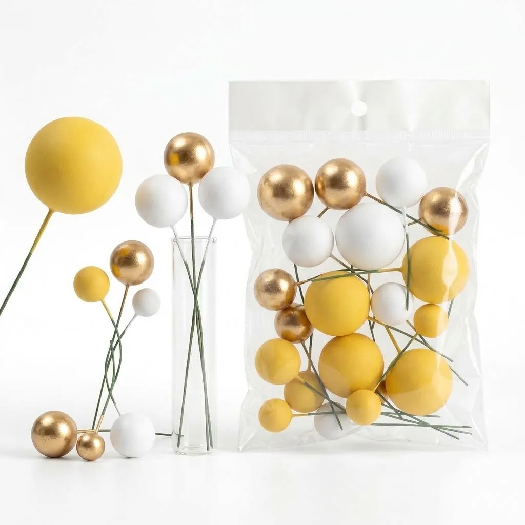 Boules Décoratives pour Gâteaux Jaune Moutarde, Or et Blanc – Kit Cake Topper Multitailles sur Tiges