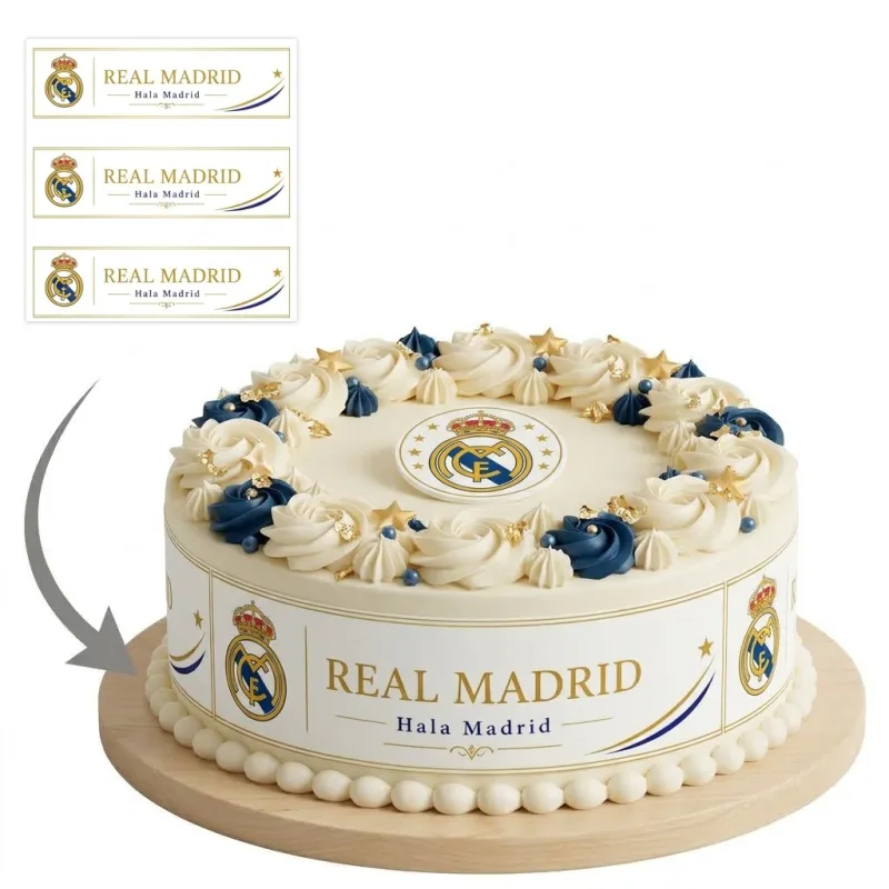 Impression Photo Comestible Personnalisée – Bandes de Contour pour Gâteau Thème Football Real Madrid Hala Madrid en Papier Sucre