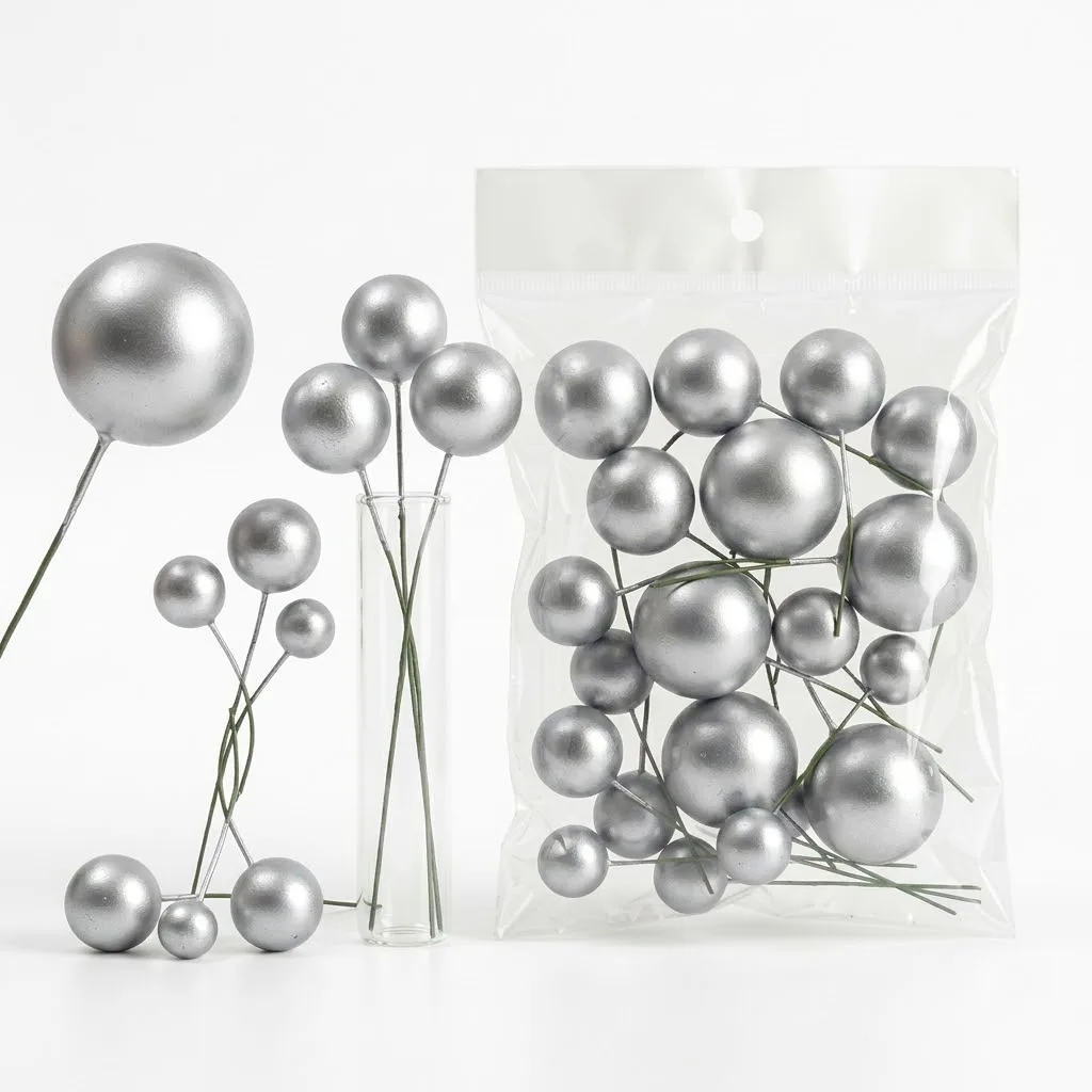 Boules Décoratives pour Gâteaux Argent Métallisé – Kit Cake Topper Multitailles sur Tiges