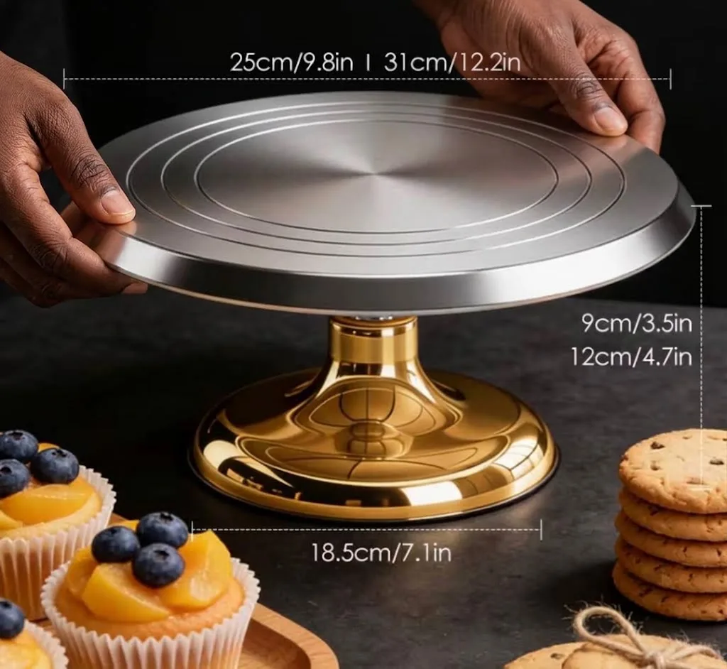 Plateau Tournant de Pâtisserie Inox & Pied Doré – Présentoir Professionnel Rotatif