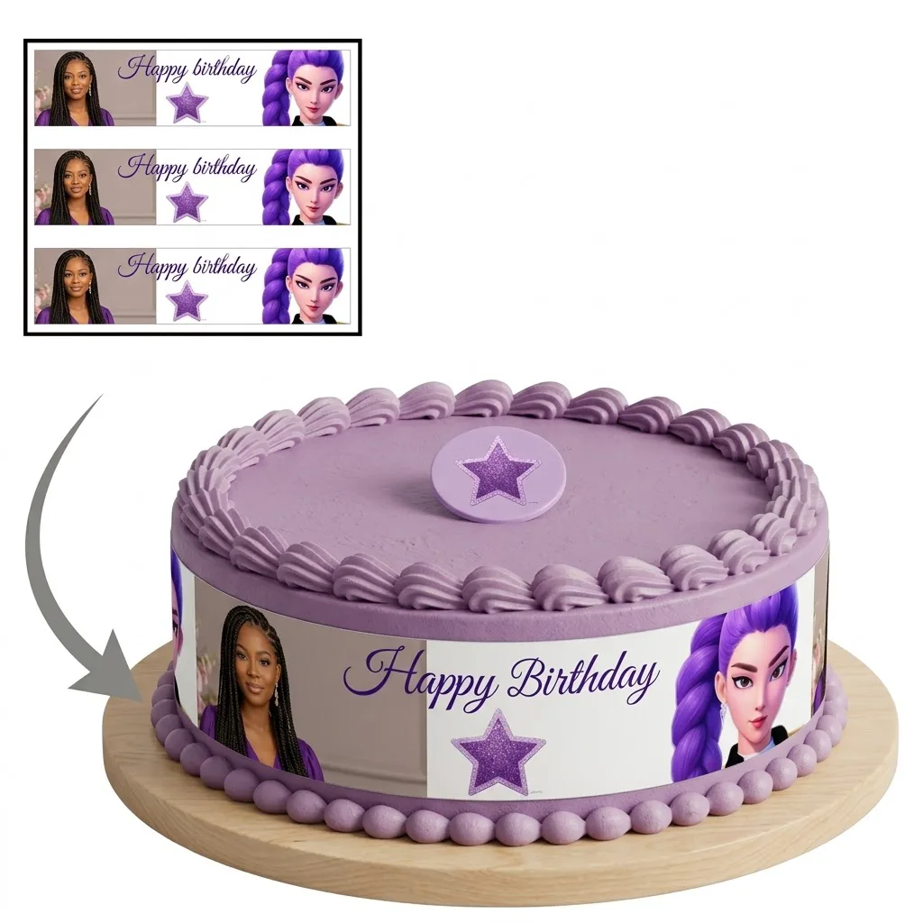 Impression Photo Comestible Personnalisée – Bandes de Contour pour Gâteau Thème Happy Birthday Violet & Étoile Scintillante en Papier Sucre