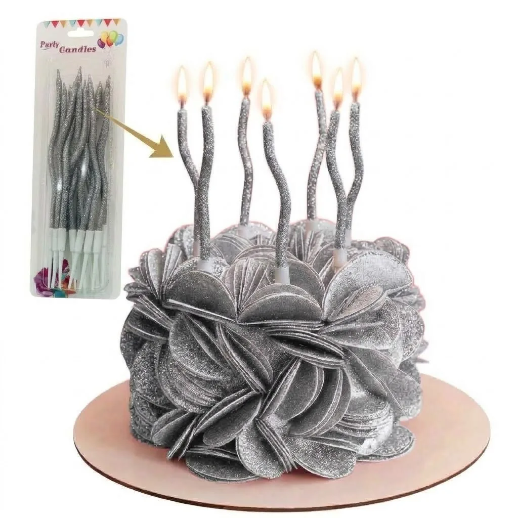Bougies gris Pailletée  d’Anniversaire Torsadées Scintillantes  – Finition Pailletée Élégante Décoration Cake Design