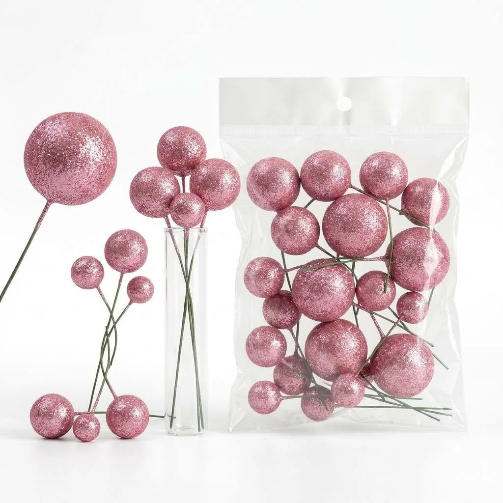 Boules Décoratives pour Gâteaux Rose Pailleté / Glitter – Kit Cake Topper Multitailles sur Tiges