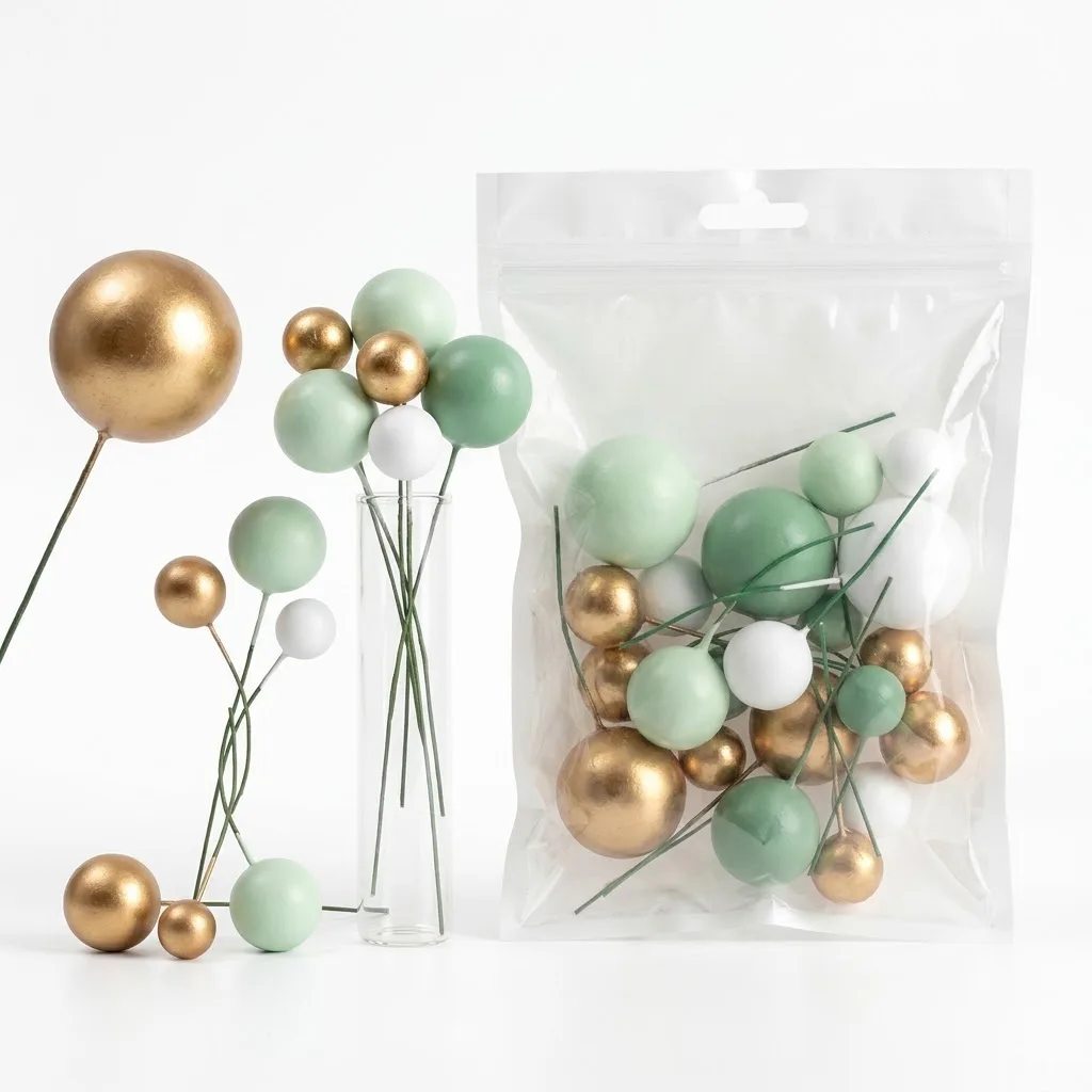 Boules Décoratives pour Gâteaux Vert Sauge, Or et Blanc – Kit Cake Topper Multitailles sur Tiges