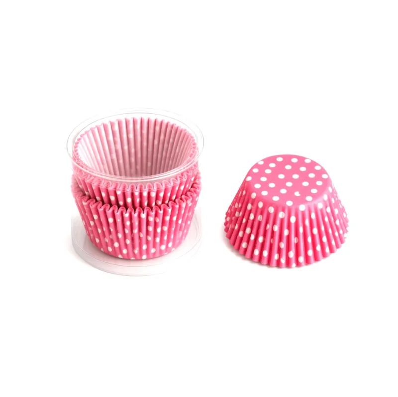 Caissettes à cupcakes pois blancs sur rose — lot de 104, tube transparent