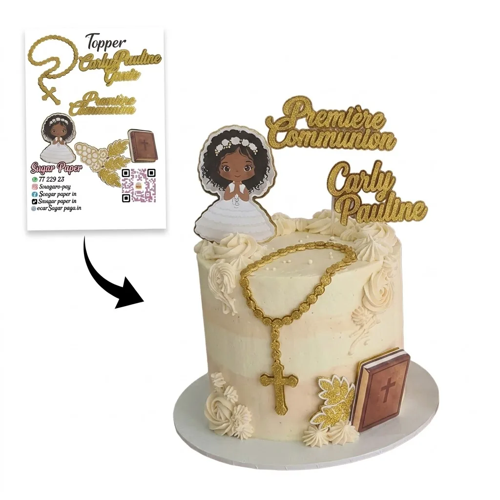 Cake Topper Première Communion Fille Personnalisé – Figurine, Prénom Pailleté & Chapelet Doré