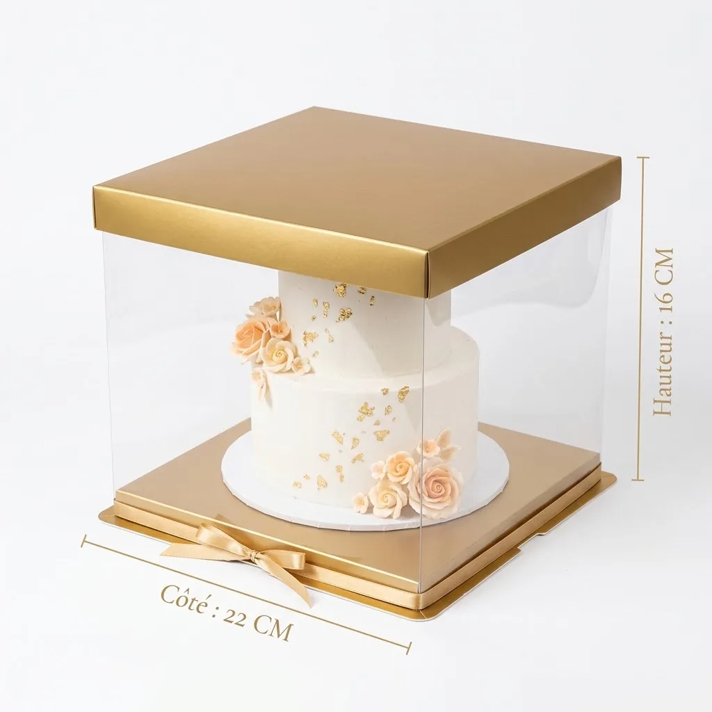 Boîte à Gâteau Carrée Transparente et Dorée – 22 x 16 cm
