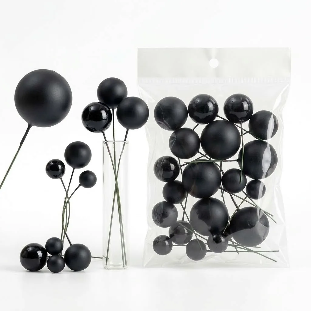 Boules Décoratives pour Gâteaux Noir Laqué – Kit Cake Topper Multitailles sur Tiges
