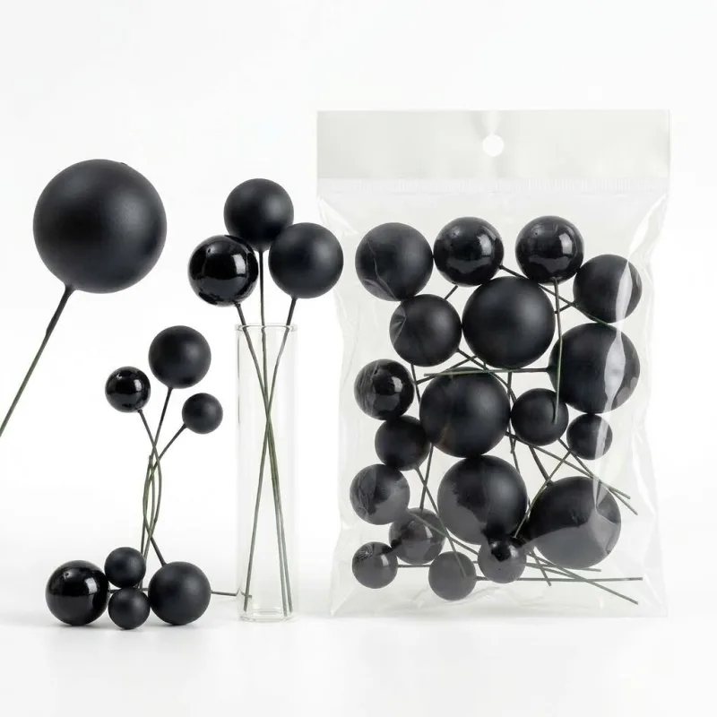 Boules Décoratives pour Gâteaux Noir Laqué – Kit Cake Topper Multitailles sur Tiges
