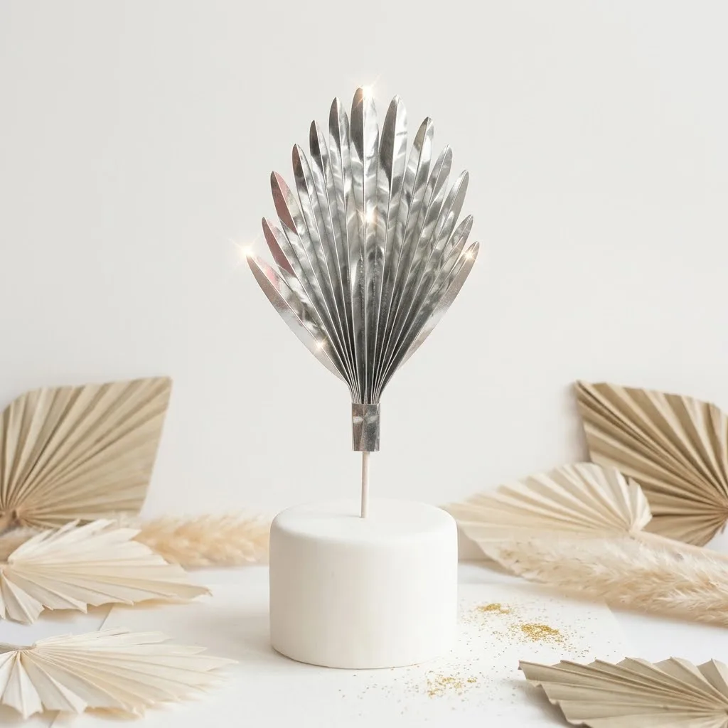 Cake Topper Éventail Palme Argenté Métallisé – Décoration Tendance Bohème Chic