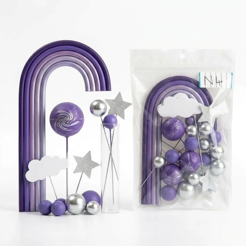Boules décoratives et Arc-en-Ciel Violet pour Gâteaux – Kit Cake Topper Étoiles Pailletées & Nuage sur Tiges