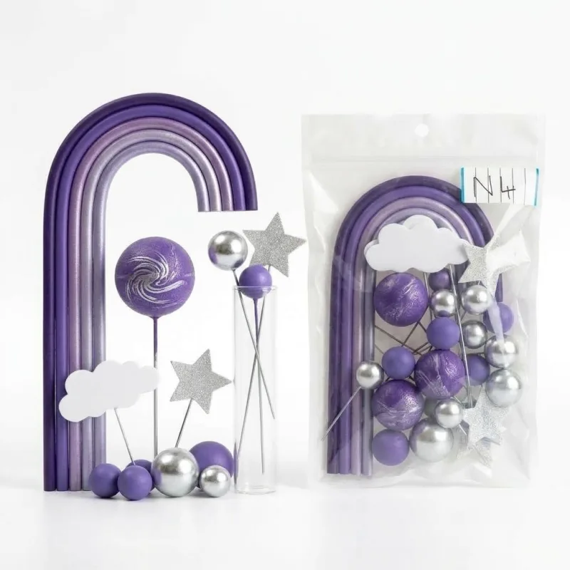 Boules décoratives et Arc-en-Ciel Violet pour Gâteaux – Kit Cake Topper Étoiles Pailletées & Nuage sur Tiges