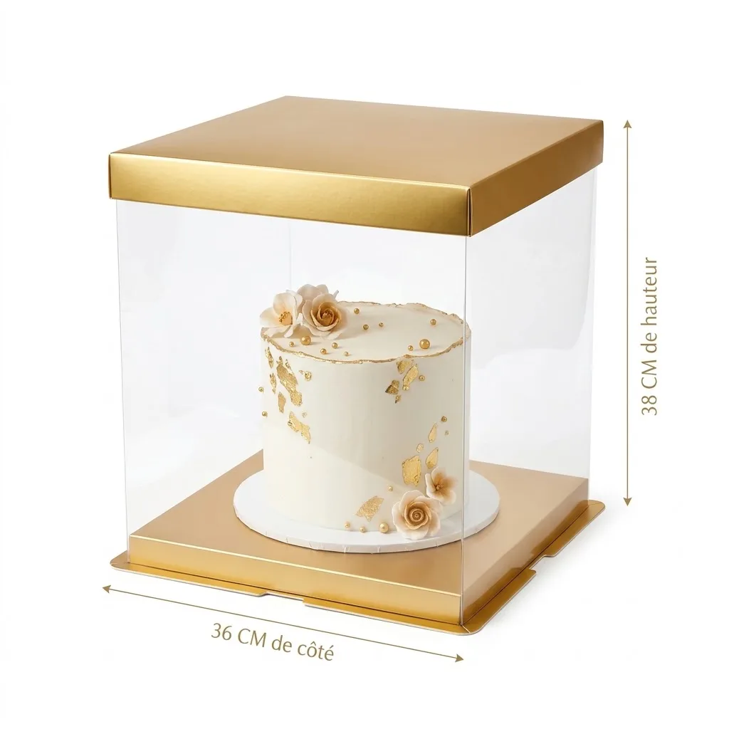 Boîte à Gâteau Carrée Transparente et Dorée Grand Format – 36 x 36 x 38 cm