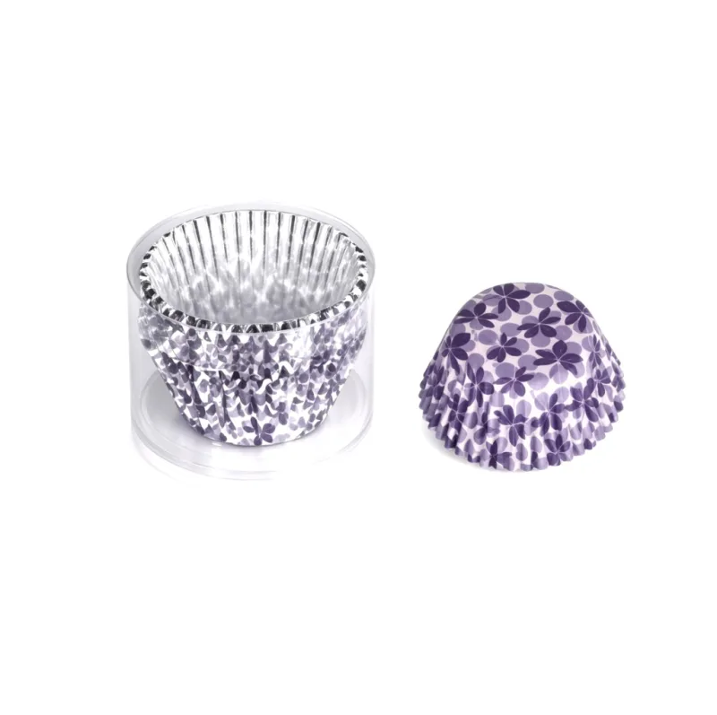 Caissettes à cupcakes argentées fleurs violettes — lot de 104, tube transparent