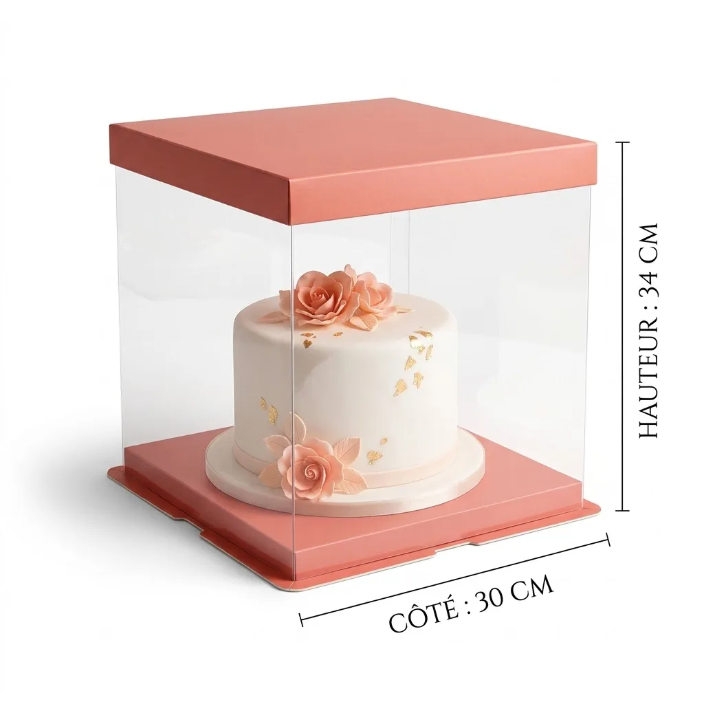 Boîte à Gâteau Carrée Transparente et Rose Saumon – 30 x 30 x 34 cm