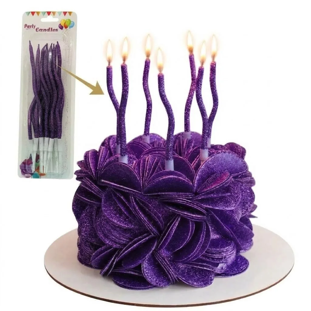 Bougies viollet Pailletée  d’Anniversaire Torsadées Scintillantes  – Finition Pailletée Élégante Décoration Cake Design