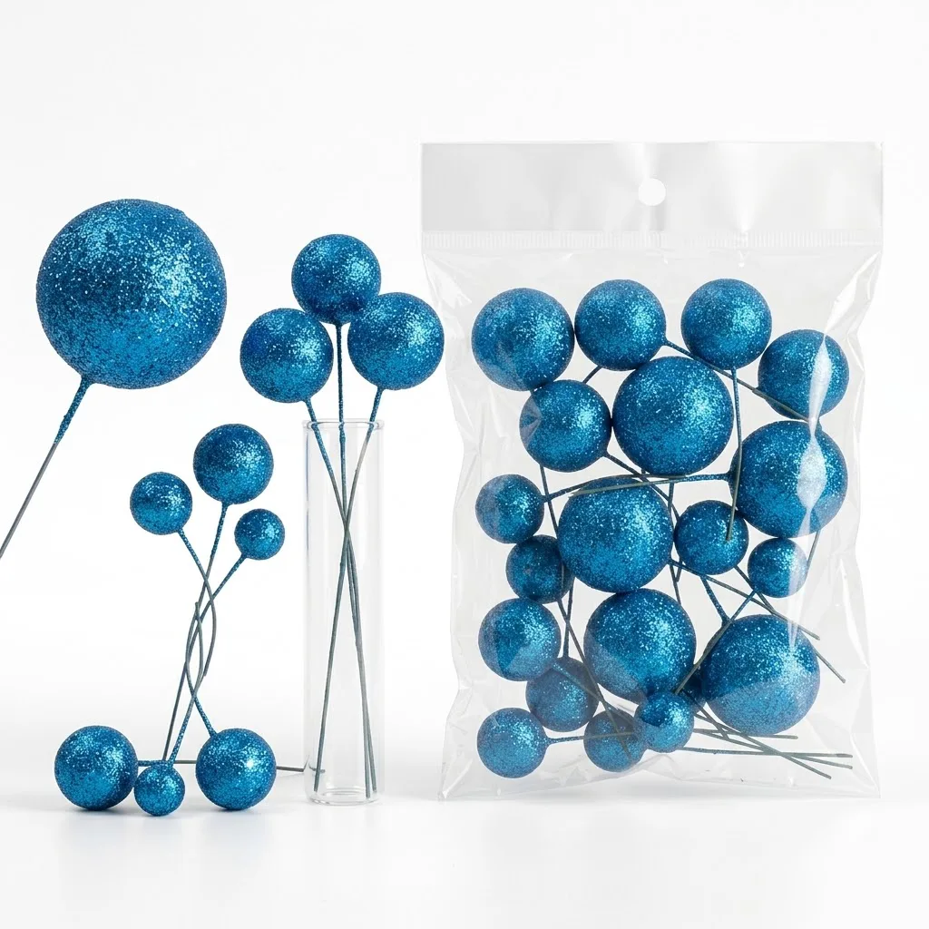 Boules Décoratives pour Gâteaux Bleu Pailleté / Glitter – Kit Cake Topper Multitailles sur Tiges