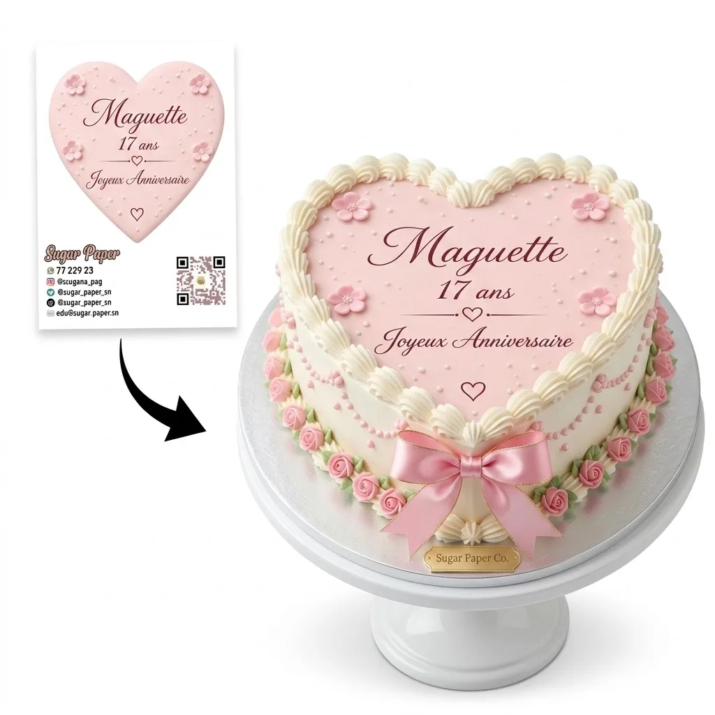 Photo Impression Comestible Personnalisée en Cœur Rose avec Photo et Texte (A4 et A3