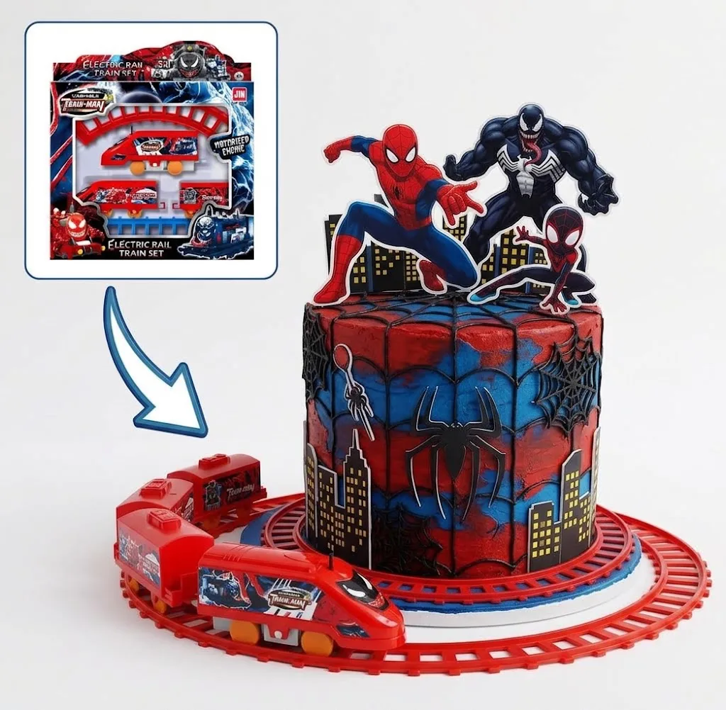 Cake Train Spider-Man & Venom – Animation Électrique en Mouvement pour Gâteau d'Anniversaire