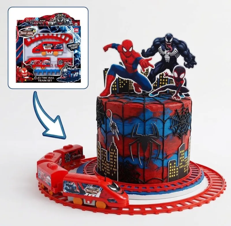 Cake Train Spider-Man & Venom – Animation Électrique en Mouvement pour Gâteau d'Anniversaire