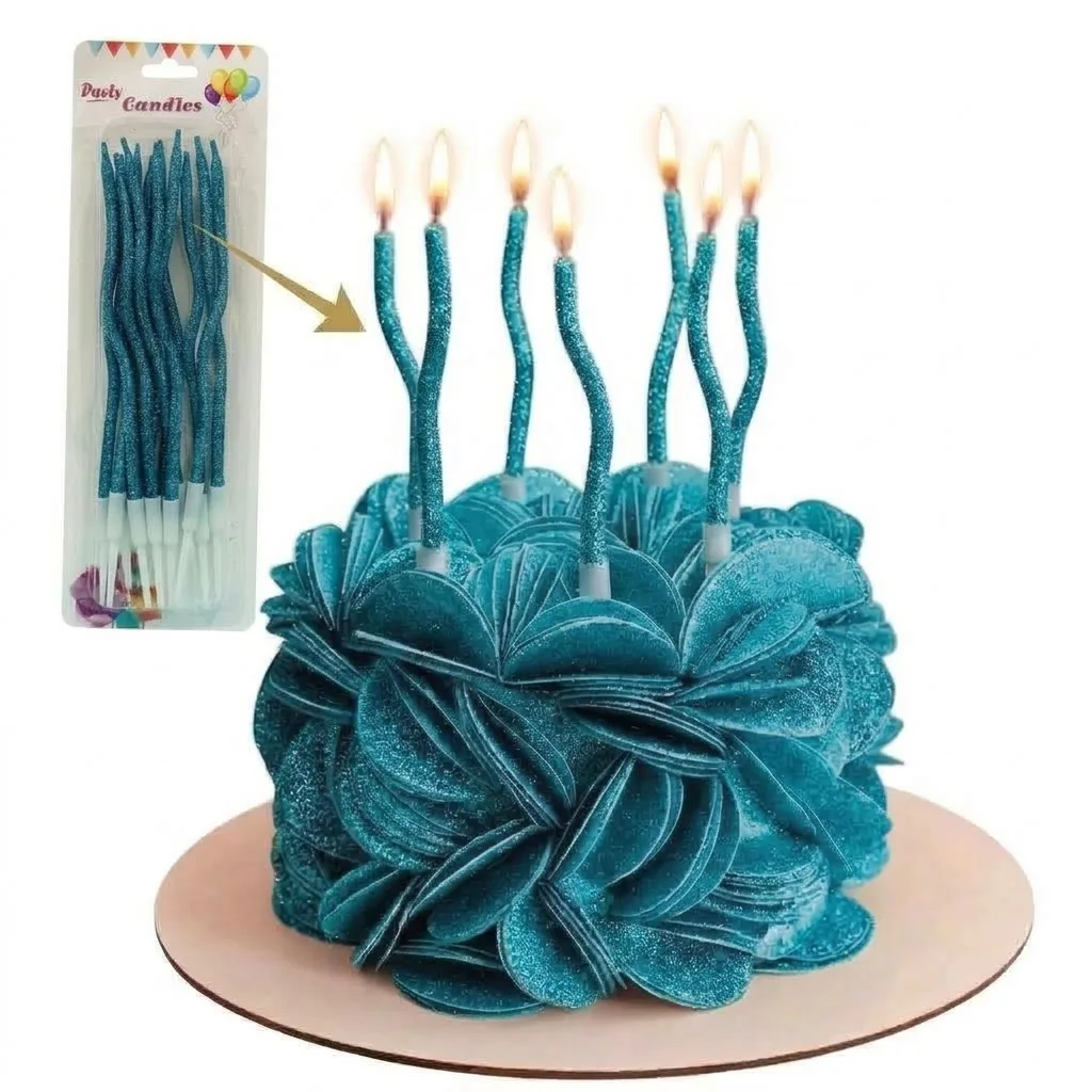 Bougies bleu Pailletée  d’Anniversaire Torsadées Scintillantes  – Finition Pailletée Élégante Décoration Cake Design