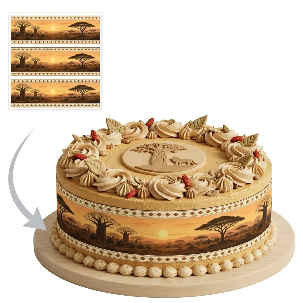 Impression Photo Comestible Personnalisée – Bandes de Contour pour Gâteau Thème Savane Africaine & Baobabs au Coucher de Soleil en Papier Sucre