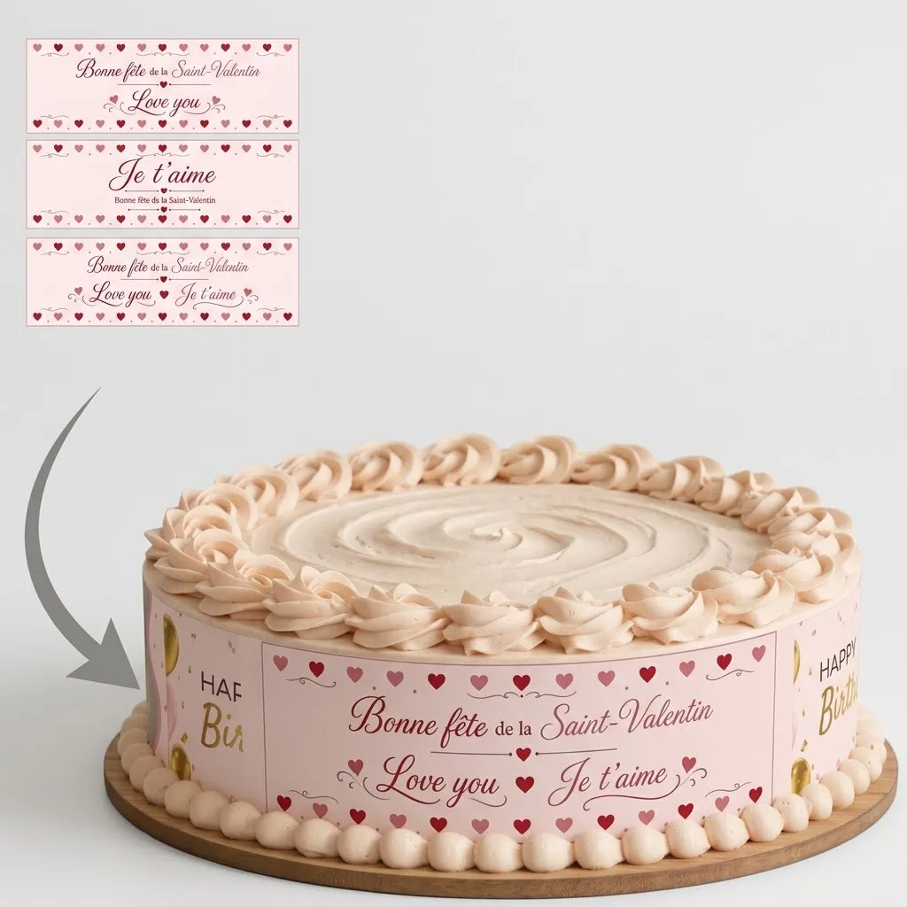 Impression Photo Comestible Personnalisée – Bandes de Contour pour Gâteau Thème Saint-Valentin & Cœurs d'Amour en Papier Sucre